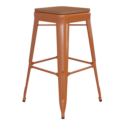 Flash Furniture Kai Commercial Grade 30" High Backless Orange Metal Indoor-Outdoor Barstool w/ Teak Poly Resin Wood Seat, Model# CH-31320-30-OR-PL2T-GG