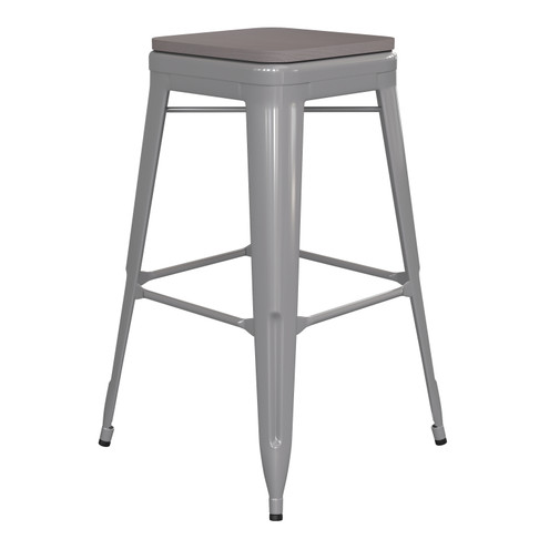 Flash Furniture Kai Commercial Grade 30" High Backless Silver Metal Indoor-Outdoor Barstool w/ Gray Poly Resin Wood Seat, Model# CH-31320-30-SIL-PL2G-GG