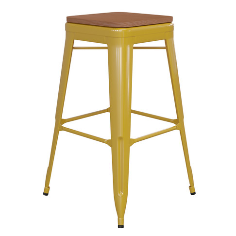 Flash Furniture Kai Commercial Grade 30" High Backless Yellow Metal Indoor-Outdoor Barstool w/ Teak Poly Resin Wood Seat, Model# CH-31320-30-YL-PL2T-GG