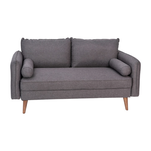 Flash Furniture Evie Mid-Century Modern Loveseat Sofa w/ Faux Linen Fabric Upholstery & Solid Wood Legs in Stone Gray, Model# IS-VL100-GY-GG