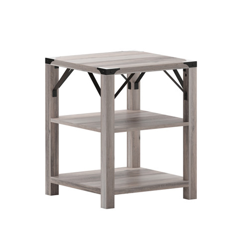 Flash Furniture Wyatt Modern Farmhouse Wooden 3 Tier End Table w/ Black Metal Corner Accents & Cross Bracing, Gray Wash, Model# ZG-035-GY-GG