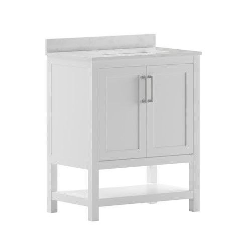 Flash Furniture Vega 30 Inch Bathroom Vanity w/ Sink Combo, Storage Cabinet w/ Soft Close Doors & Open Shelf, Carrara Marble Finish Countertop, White/White, Model# FS-VEGA30-WH-GG