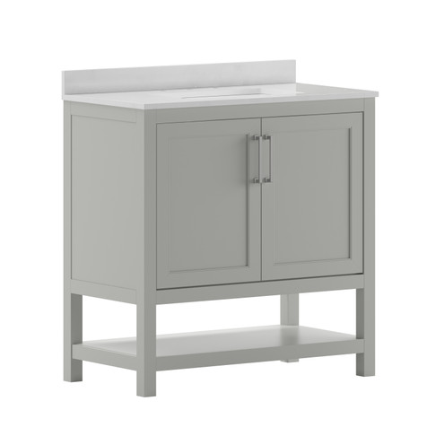 Flash Furniture Vega 36 Inch Bathroom Vanity w/ Sink Combo, Storage Cabinet w/ Soft Close Doors & Open Shelf, Carrara Marble Finish Countertop, Gray/White, Model# FS-VEGA36-GY-GG