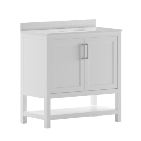 Flash Furniture Vega 36 Inch Bathroom Vanity w/ Sink Combo, Storage Cabinet w/ Soft Close Doors & Open Shelf, Carrara Marble Finish Countertop, White/White, Model# FS-VEGA36-WH-GG