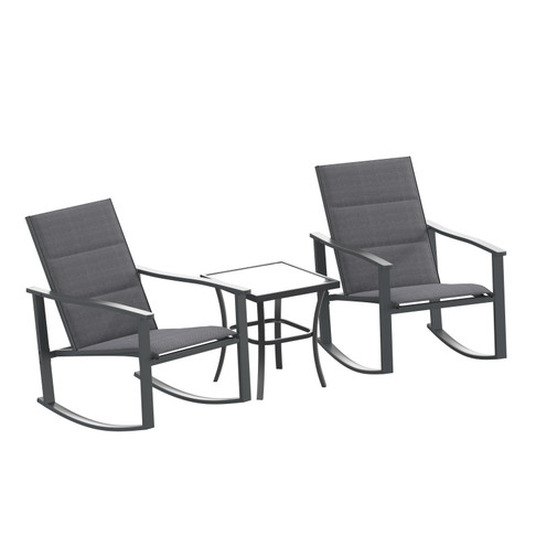 Flash Furniture Brazos 3 Piece Outdoor Rocking Chair Bistro Set w/ Flex Comfort Material & Steel Framed Glass Top Table, Black/Black, Model# FV-FSC-2315-BLK-GG