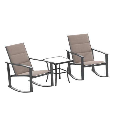 Flash Furniture Brazos 3 Piece Outdoor Rocking Chair Bistro Set w/ Flex Comfort Material & Steel Framed Glass Top Table, Brown/Black, Model# FV-FSC-2315-BRN-GG