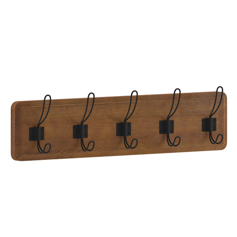 Flash Furniture Daly Wall Mounted 24 Inch Classic Brown Solid Pine Wood Storage Rack w/ 5 Hooks For Entryway, Kitchen, Bathroom, Model# HFKHD-GDI-CRE8-632315-GG