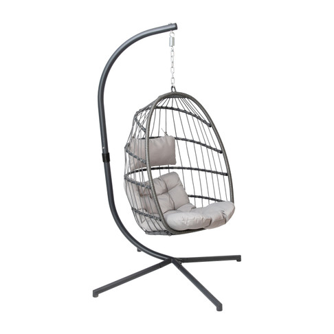 Flash Furniture Cleo Patio Hanging Egg Chair, Wicker Hammock w/ Soft Seat Cushions & Swing Stand, Indoor/Outdoor Gray Frame-Gray Cushions, Model# SDA-AD608001-GY-GG