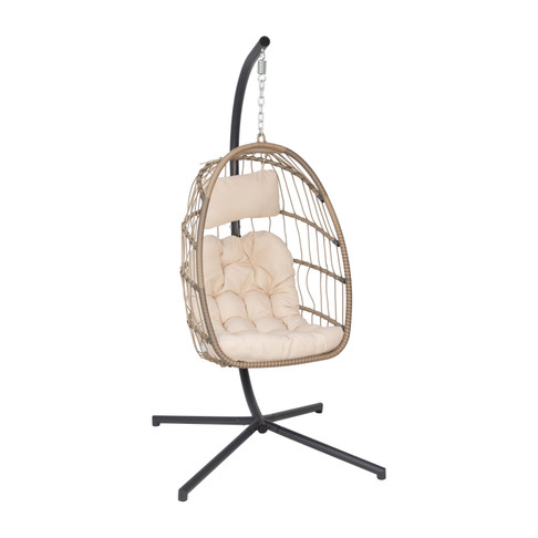 Flash Furniture Cleo Patio Hanging Egg Chair, Wicker Hammock w/ Soft Seat Cushions & Swing Stand, Indoor/Outdoor Natural Frame-Cream Cushions, Model# SDA-AD608001-NAT-GG