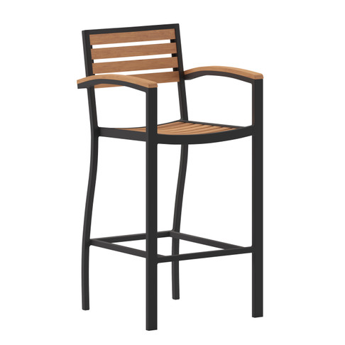 Flash Furniture Lark Commercial Grade Bar Height Stool w/ Arms, All-Weather Outdoor Bar Stool w/ Faux Wood Poly Resin Slats & Aluminum Frame, Teak, Model# XU-DG-HW6036B-ARM-GG