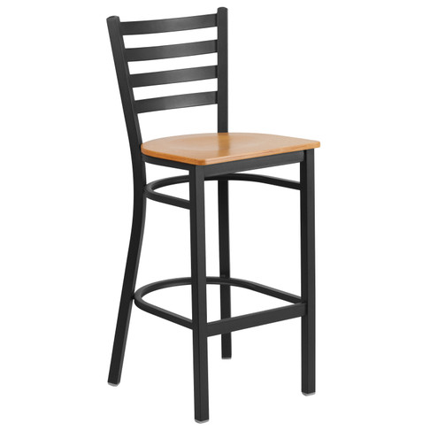 Flash Furniture HERCULES Series Black Ladder Back Metal Restaurant Barstool Natural Wood Seat, Model# XU-DG697BLAD-BAR-NATW-GG