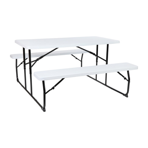 Flash Furniture Insta-Fold White Wood Grain Folding Picnic Table & Benches 4.5 Foot Folding Table, Model# RB-EBB-1470FD-WH-GG