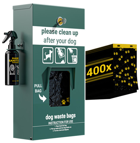 Flash Furniture Kessler Locking Dog Waste Bag Dispenser w/ Glow in the Dark Sign, Hand Sanitizer Bottle & Rain Guard 400 Pull Out Header Bags Included, Model# YAN-GC0855425-GG