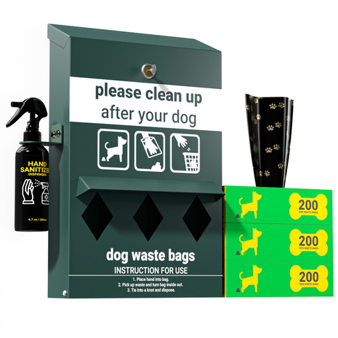 Flash Furniture Kessler Locking Dog Waste Bag Dispenser w/ Glow in the Dark Sign, Hand Sanitizer Bottle & Rain Guard 600 Roll Bags Included, Model# YAN-Y2V045425-GG