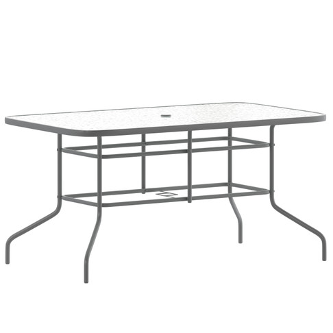 Flash Furniture Tory 31.5" x 55" Silver Rectangular Tempered Glass Metal Table w/ Umbrella Hole, Model# TLH-089-SV-GG