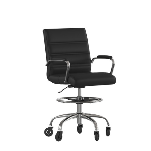 Flash Furniture Lexi Mid-Back Black LeatherSoft Drafting Chair w/ Adjustable Foot Ring, Chrome Base, & Transparent Roller Wheels, Model# GO-2286B-BK-RLB-GG