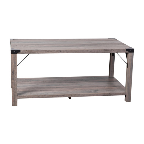 Flash Furniture Wyatt Modern Farmhouse Wooden 2 Tier Coffee Table w/ Black Metal Corner Accents & Cross Bracing, Gray Wash, Model# ZG-037-GY-GG