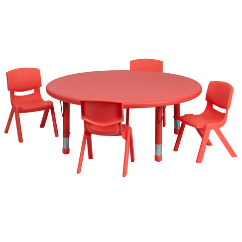 Flash Furniture Emmy 45'' Round Red Plastic Height Adjustable Activity Table Set w/ 4 Chairs, Model# YU-YCX-0053-2-ROUND-TBL-RED-E-GG