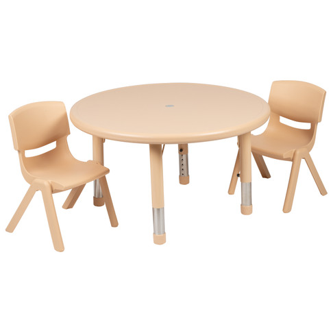 Flash Furniture Emmy 33" Round Natural Plastic Height Adjustable Activity Table Set w/ 2 Chairs, Model# YU-YCX-0073-2-ROUND-TBL-NAT-R-GG