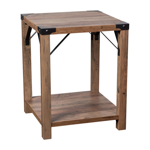 Flash Furniture Wyatt Modern Farmhouse Wooden 2 Tier End Table w/ Black Metal Corner Accents & Cross Bracing, Rustic Oak, Model# ZG-036-OAK-GG