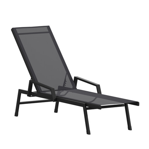 Flash Furniture Brazos Adjustable Chaise Lounge Chair w/ Arms, All-Weather Outdoor Five-Position Recliner, Black/Black, Model# JJ-LC323-BLK-BLK-GG