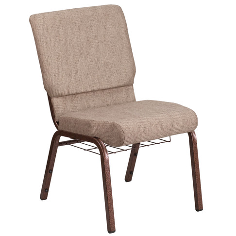 Flash Furniture HERCULES Series 18.5''W Church Chair in Beige Fabric w/ Book Rack Copper Vein Frame, Model# FD-CH02185-CV-BGE1-BAS-GG