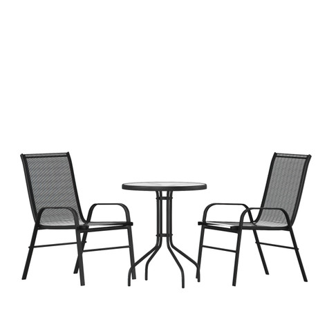 Flash Furniture Brazos 3 Piece Outdoor Patio Dining Set 23.75" Round Tempered Glass Patio Table, 2 Black Flex Comfort Stack Chairs, Model# TLH-0701303C-GG