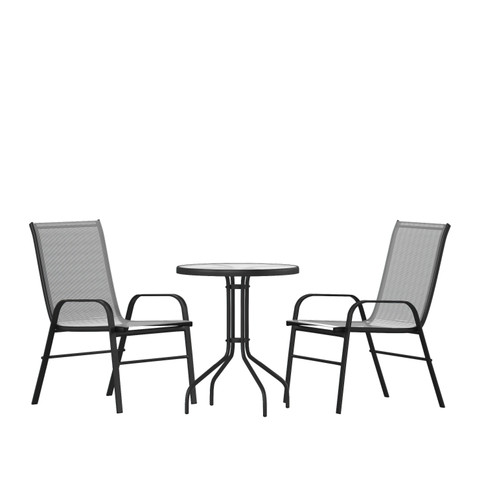 Flash Furniture Brazos 3 Piece Outdoor Patio Dining Set 23.75" Round Tempered Glass Patio Table, 2 Gray Flex Comfort Stack Chairs, Model# TLH-0701303C-GY-GG