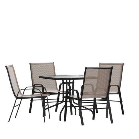 Flash Furniture Brazos 5 Piece Outdoor Patio Dining Set 31.5" Square Tempered Glass Patio Table, 4 Brown Flex Comfort Stack Chairs, Model# TLH-073A2303C-BN-GG