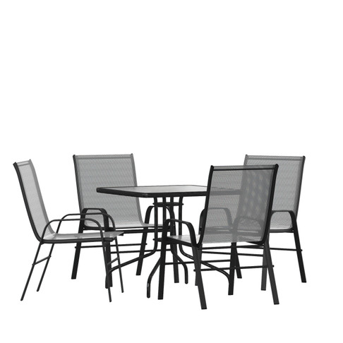 Flash Furniture Brazos 5 Piece Outdoor Patio Dining Set 31.5" Square Tempered Glass Patio Table, 4 Gray Flex Comfort Stack Chairs, Model# TLH-073A2303C-GY-GG