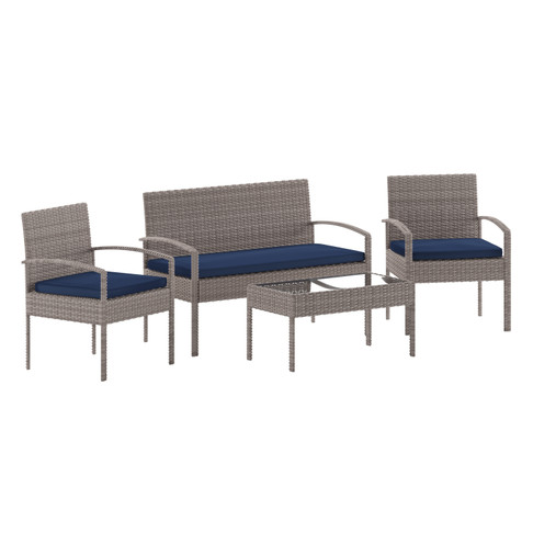 Flash Furniture Aransas Series 4 Piece Gray Patio Set w/ Steel Frame & Navy Cushions, Model# JJ-S312-GYNV-GG