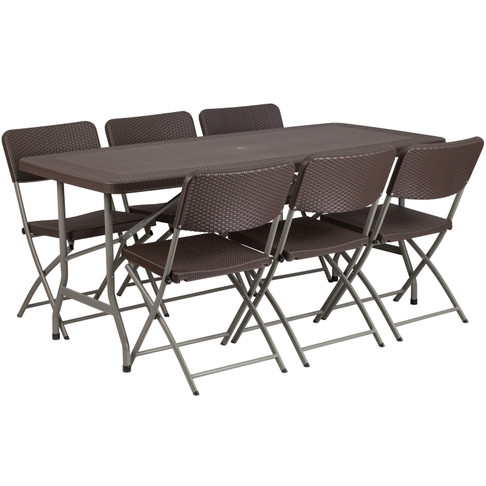 Flash Furniture Hensley 5.62-Foot Brown Rattan Indoor-Outdoor Plastic Folding Table Set w/ 6 Chairs, Model# DAD-YCZ-172-61-GG