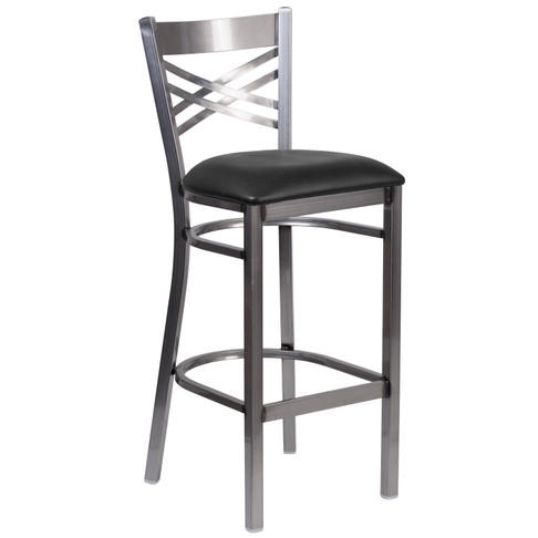 Flash Furniture HERCULES Series Clear Coated ''X'' Back Metal Restaurant Barstool Black Vinyl Seat, Model# XU-6F8B-CLR-BAR-BLKV-GG