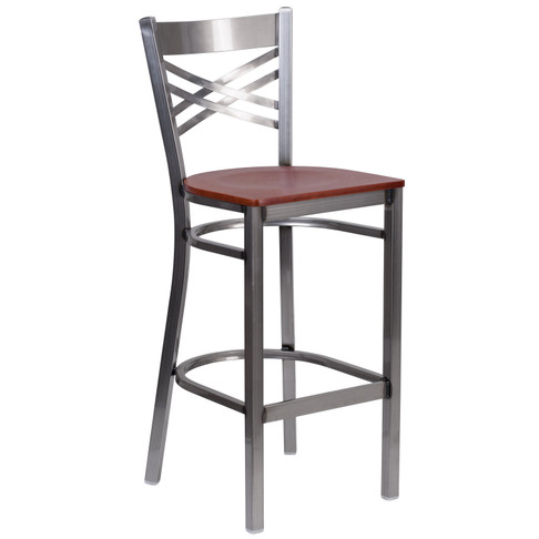 Flash Furniture HERCULES Series Clear Coated ''X'' Back Metal Restaurant Barstool Cherry Wood Seat, Model# XU-6F8B-CLR-BAR-CHYW-GG