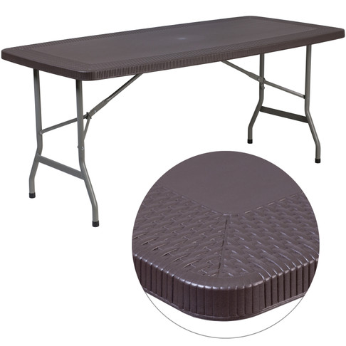 Flash Furniture Elon 5.62-Foot Brown Rattan Indoor-Outdoor Plastic Folding Table w/ Umbrella Hole, Model# DAD-YCZ-172-GG