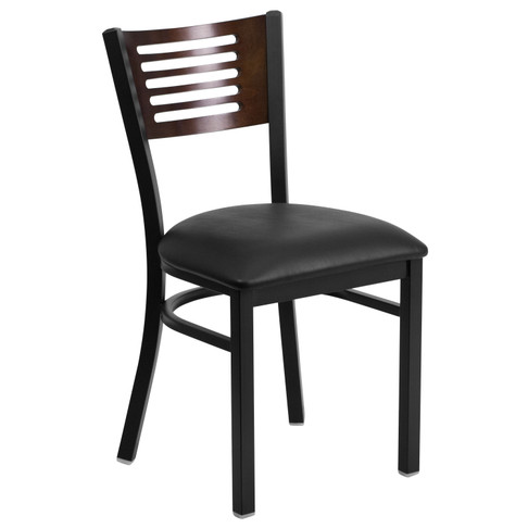 Flash Furniture HERCULES Series Black Slat Back Metal Restaurant Chair Walnut Wood Back, Black Vinyl Seat, Model# XU-DG-6G5B-WAL-BLKV-GG