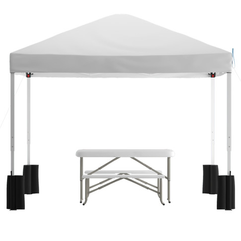 Flash Furniture Harris 10'x10'WhitePopUpEventCanopyTentwithWheeledCaseandFoldingBenchSet-PortableTailgate,Camping,EventSet, Model# JJ-GZ10PKG103-WH-GG