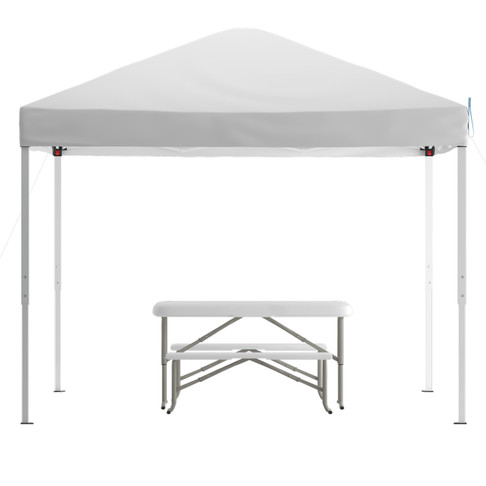 Flash Furniture Knox 10'x10' White Pop Up Event Canopy Tent w/ Carry Bag & Folding Bench Set Portable Tailgate, Camping, Event Set, Model# JJ-GZ10103-WH-GG