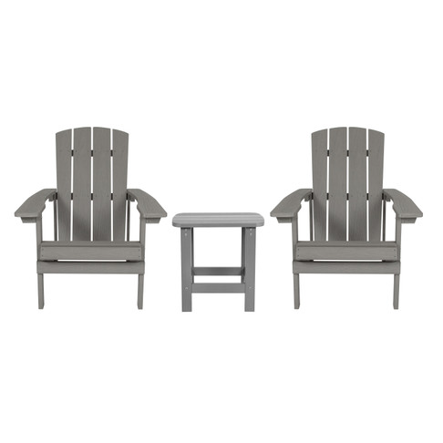 Flash Furniture 2 Pack Charlestown Commercial All-Weather Poly Resin Wood Adirondack Chairs w/ Side Table in Gray, Model# JJ-C14501-2-T14001-GY-GG