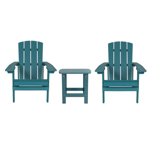 Flash Furniture 2 Pack Charlestown Commercial All-Weather Poly Resin Wood Adirondack Chairs w/ Side Table in Sea Foam, Model# JJ-C14501-2-T14001-SFM-GG