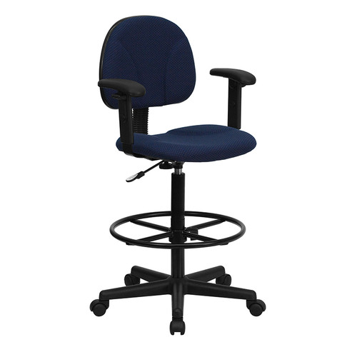 Flash Furniture Navy Blue Patterned Fabric Ergonomic Drafting Stool with Arms (Adjustable Range 26''-30.5''H or 22.5''-27''H) Model BT-659-NVY-ARMS-GG