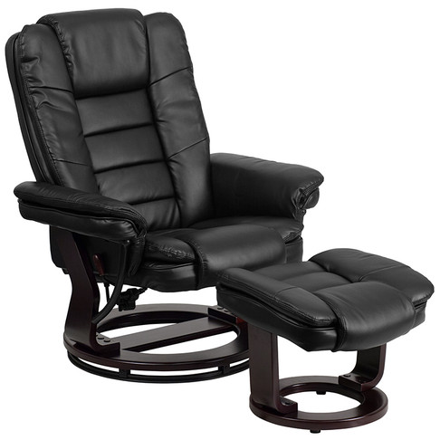 Flash Furniture Contemporary Black Leather Recliner and Ottoman with Swiveling Mahogany Wood Base, Model BT-7818-BK-GG