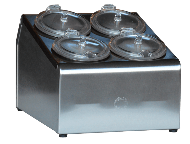 Steril-Sil 4-hole (2x2) non-insulated condiment dispenser. Includes (4) Steril-Sil SC-750 containers and HC-20-X hinged covers. Made in the U.S.A. Model TC-4SW