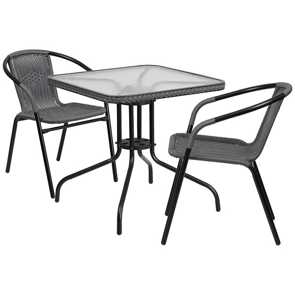Flash Furniture 28SQ Gray Table Set w/Rattan, Model# TLH-073SQ-037GY2-GG