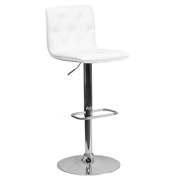 Flash Furniture Contemporary Tufted White Vinyl Adjustable Height Bar Stool with Chrome Base, Model CH-112080-WH-GG