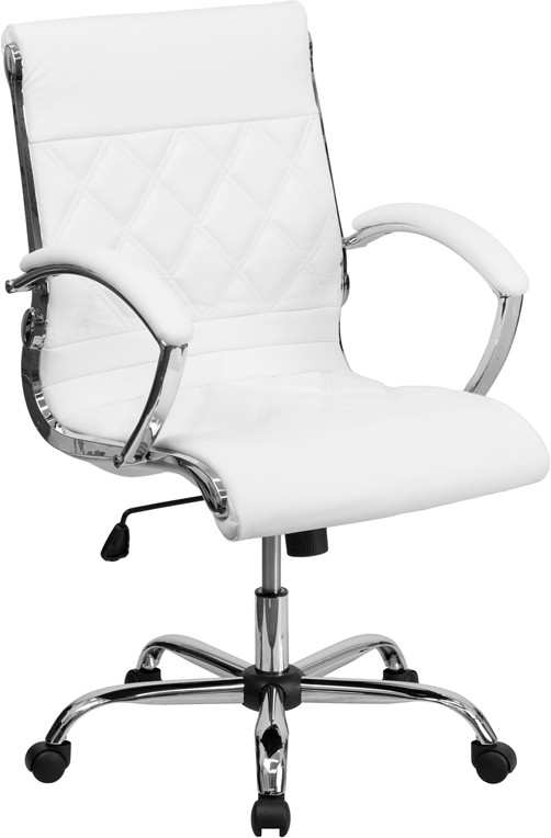 Flash Furniture Mid-Back Designer White LeatherSoft Executive Swivel Office Chair with Chrome Base and Arms, Model# GO-1297M-MID-WHITE-GG