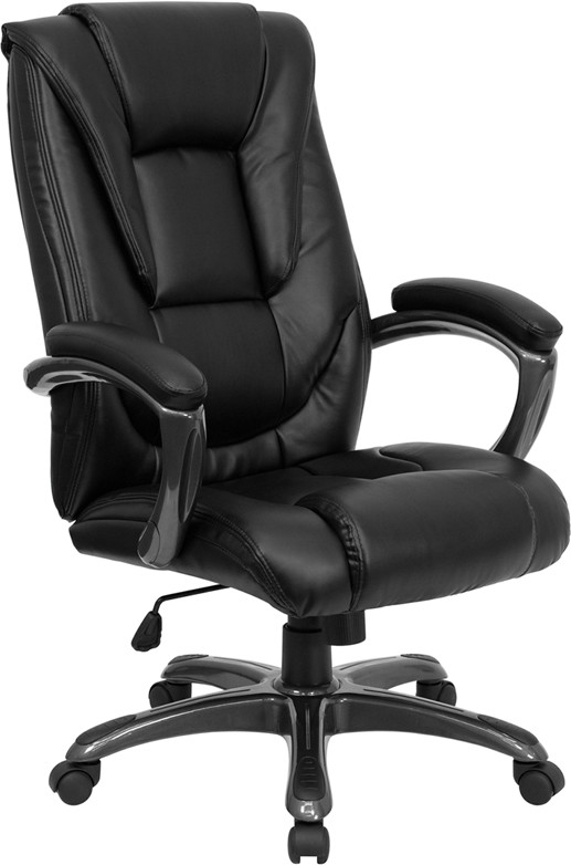 Flash Furniture High Back Black LeatherSoft Layered Upholstered Executive Swivel Ergonomic Office Chair with Smoke Metal Base and Arms, Model#