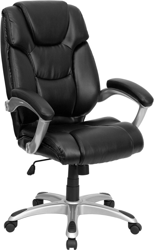 Flash Furniture High Back Black LeatherSoft Layered Upholstered Executive Swivel Ergonomic Office Chair with Silver Nylon Base and Arms, Model#