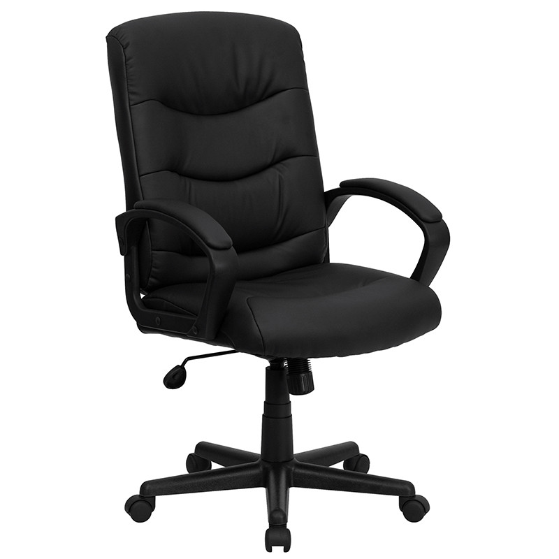 Flash Furniture Mid-Back Black LeatherSoft Executive Swivel Office Chair with Three Line Horizontal Stitch Back and Arms, Model# GO-977-1-BK-LEA-GG