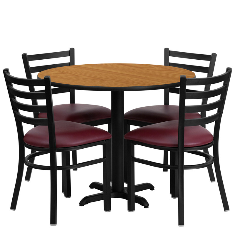 Flash Furniture 36" Round Natural Laminate Table Set with X-Base and 4 Ladder Back Metal Chairs Burgundy Vinyl Seat, Model# HDBF1007-GG